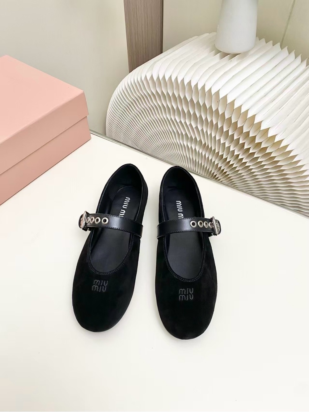 Miu Miu Black Suede Mary Jane Flats with Buckle Strap